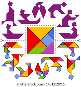 Set of vector tangram puzzles (geometric puzzle) for the development of logical thinking of children and adults. Collection of 7 people shapes and answer card. Vector illustration