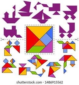 Set of vector tangram puzzles (geometric puzzle) for the development of logical thinking of children and adults. Collection of 7 transport objects and answer card. Vector illustration