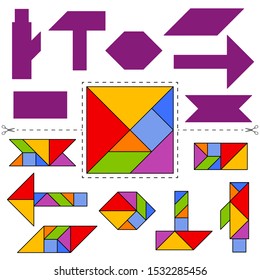Set of vector tangram puzzles (geometric puzzle) for the development of logical thinking of children and adults. Collection of 7 geometric objects and instruments. Answer card. Vector illustration