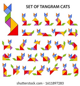 Set of vector tangram puzzles (geometric puzzle) for the development of logical thinking of children and adults. Collection of 29 color shapes of cats. Vector illustration