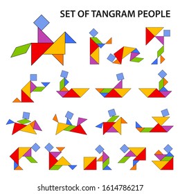 Set of vector tangram puzzles (geometric puzzle) for the development of logical thinking of children and adults. Collection of 17 color shapes of working people. Vector illustration