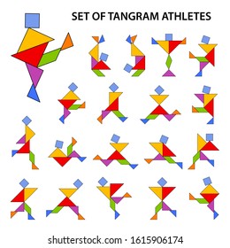 Set of vector tangram puzzles (geometric puzzle) for the development of logical thinking of children and adults. Collection of 19 color shapes of people-athletes. Vector illustration