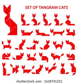 Set of vector tangram puzzles (geometric puzzle) for the development of logical thinking of children and adults. Collection of 29 monochrome shapes of cats. Vector illustration