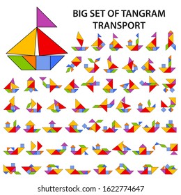 Set of vector tangram puzzles (geometric puzzle) for the development of logical thinking of children and adults. Collection of 55 color silhouettes of transport and ships. Vector illustration