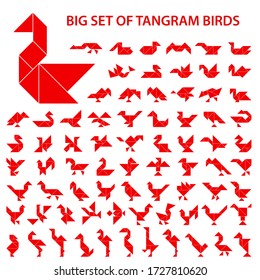 Set of vector tangram puzzles (geometric puzzle) for the development of logical thinking of children and adults. Collection of 75 monochrome shapes of birds. Vector illustration