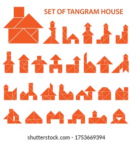 Set of vector tangram puzzles (geometric puzzle) for the development of logical thinking of children and adults. Collection of 27 monochrome shapes of houses and buildings. Vector illustration