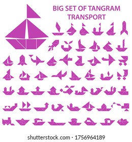 Set of vector tangram puzzles (geometric puzzle) for the development of logical thinking of children and adults. Collection of 55 monochrome silhouettes of transport and ships. Vector illustration