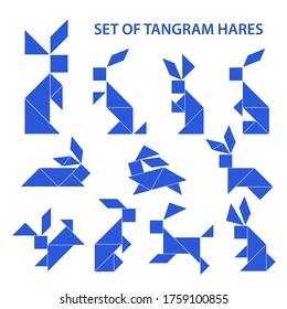 Set of vector tangram puzzles (geometric puzzle) for the development of logical thinking of children and adults. Collection of 11 monochrome shapes of hares. Vector illustration