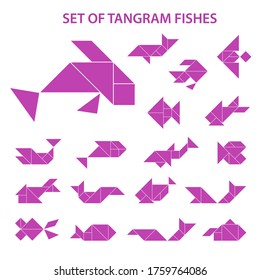 Set of vector tangram puzzles (geometric puzzle) for the development of logical thinking of children and adults. Collection of 18 monochrome shapes of fishes. Vector illustration