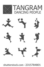 Set of vector tangram puzzles (geometric puzzle) for the development of logical thinking of children and adults. Collection of 9 black Dancing people silhouettes. Vector illustration
