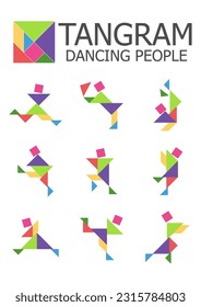 Set of vector tangram puzzles (geometric puzzle) for the development of logical thinking of children and adults. Collection of 9 color Dancing people silhouettes. Vector illustration