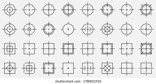 Set of vector target or aim icons in line design, 32 aims.