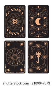 set of vector tarot card backs: key, moon, star, magic, mysticism, symbol. Gold on black