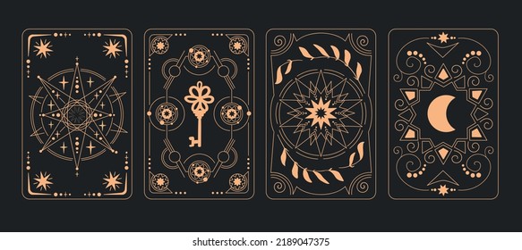 set of vector tarot card backs: key, moon, star, magic, mysticism, symbol. Gold on black