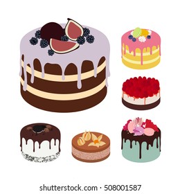 Set of Vector Tasty Cakes Isolated on White Background. Sweet Cakes, Pies and Desserts. Illustrations for Confectionery, Cafe and Greeting Cards.