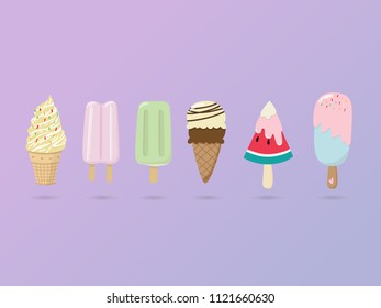 set of vector tasty colorful ice cream collection illustrations isolated on pastel purple