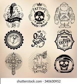 set Vector tattoo studio logo templates on dark background. Cool retro styled vector emblems.