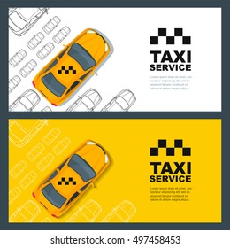 Set of vector taxi service banner, flyer, poster design template. Call taxi concept. Taxi yellow cab and outline cars isolated on white and yellow background.
