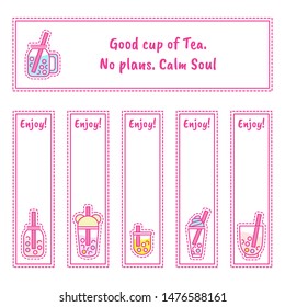 Set of vector tea labels, bookmarks or stickers with kawaii icons: cup of tea, boba-tea with bubbles, coffee ans other drinks. Perfect for cafe, restaurant, tea-houses merchandise, tea packages