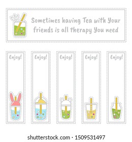 Set of vector tea labels, bookmarks or stickers with cute little plastic cups of tea, boba-tea with bubbles, coffee ans other drinks. Perfect for cafe, restaurant, tea-houses merchandise, tea packages