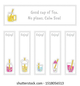 Set of vector tea labels, bookmarks or stickers with cute little plastic cups of tea, boba-tea with bubbles, coffee ans other drinks. Perfect for cafe, restaurant, tea-houses merchandise, tea packages