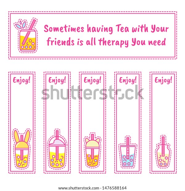 Set of vector tea labels, bookmarks or stickers\
with kawaii icons: cup of tea, boba-tea with bubbles, coffee ans\
other drinks. Perfect for cafe, restaurant, tea-houses merchandise,\
tea packages