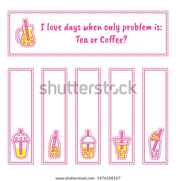 Set of vector tea labels, bookmarks or stickers
with kawaii icons: cup of tea, boba-tea with bubbles, coffee ans
other drinks. Perfect for cafe, restaurant, tea-houses merchandise,
tea packages