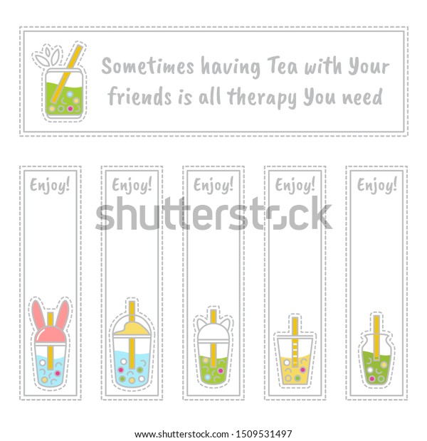 Set of vector tea labels, bookmarks or stickers
with cute little plastic cups of tea, boba-tea with bubbles, coffee
ans other drinks. Perfect for cafe, restaurant, tea-houses
merchandise, tea packages