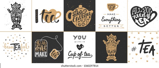 Set of vector tea lettering posters, greeting cards, decoration, prints. Hand drawn typography design elements. Handwritten lettering. Modern ink brush calligraphy.