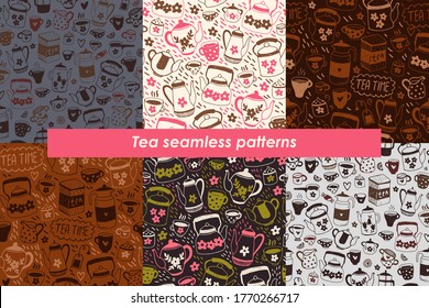 Set of vector tea patterns. Collection seamless patterns with tea, coffee, pots and cups. Doodle hand drawn sketch. Patterns for coffe and tea shop, for paper, textile, wrapping.