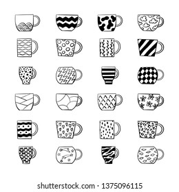 Set of vector teacups. Black and white illustration of crockery. Hand drawn utensil in inky style. Monochrome drawing.