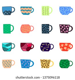 Set of vector teacups. Colorful illustration of crockery. Hand drawn utensil. Colorful cups with different ornaments.