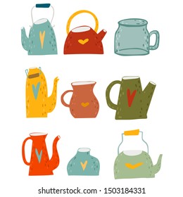 Set of vector teapots. Cartoon style illustration