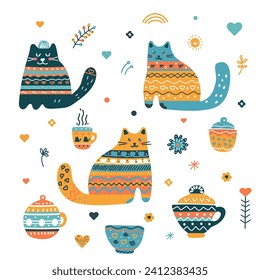 Set vector of teapots, cups, heart, cats, Valentine's Day