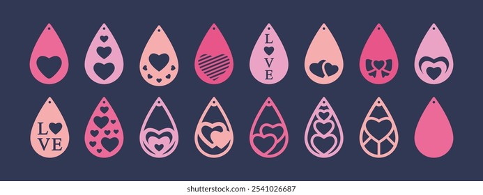 Set of vector teardrop designs for earrings, pendant or keychain with hearts. Love jewelry silhouette cut template. Laser cutting with leather, wood or metal. Beautiful hanging bijouterie