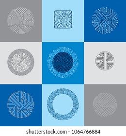 Set of vector technology cpu designs with square and circular microprocessor schemes. Computer circuit boards with multidirectional arrows, digital elements.