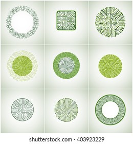Set of vector technology cpu designs with square and circular green microprocessor schemes. Computer circuit boards, digital elements.