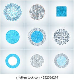 Set of vector technology cpu designs with square and circular microprocessor schemes. Computer circuit boards with multidirectional arrows, digital elements.