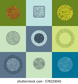 Set of vector technology cpu designs with square and circular microprocessor schemes. Computer circuit boards, digital elements.