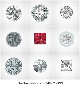 Set of vector technology cpu designs with square and circular microprocessor schemes. Computer circuit boards, digital elements.