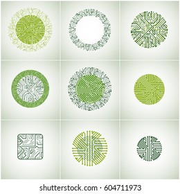 Set of vector technology cpu designs with square and circular microprocessor schemes. Computer circuit boards with multidirectional arrows, digital elements.