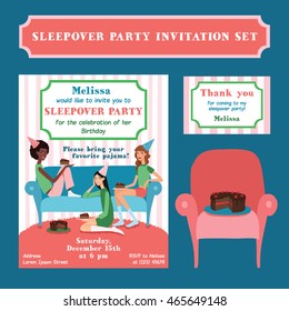 Set Of Vector Teenage Girls Birthday Party Illustration And Thank You Card With Three Pretty Friends Celebrating Eating Cake On Couch. Perfect For A Fun Sleepover Or Pajama Event.