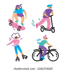 Set Of Vector Teenagers, Active Sports. Skateboarder, Skateboard, Scooter Riding, Roller Skates, Bicycle. People At The Skatepark. Vector Cartoon Doodle Style.