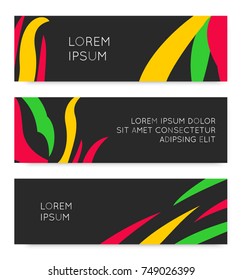 Set of vector template banners. Carnival style. Modern design colorful dark background. Horizontal banner. Abstract tropical pattern. Advertising blank.