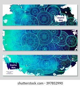 Set of vector template banners with watercolor paint abstract background and doodle hand drawn mandalas. Series of image Template frame design for card.