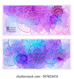 Set of vector template banners with watercolor paint abstract background and doodle hand drawn mandalas. Series of image Template frame design for card.