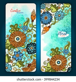 Set of vector template banners with watercolor paint abstract background and doodle hand drawn flowers. Series of image Template frame design for card.
