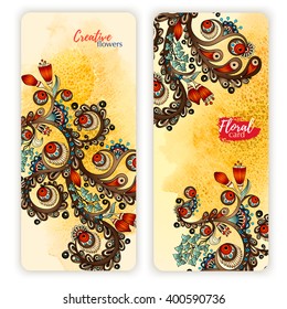 Set of vector template banners with watercolor paint abstract background and doodle hand drawn flowers. Series of image Template frame design for card.