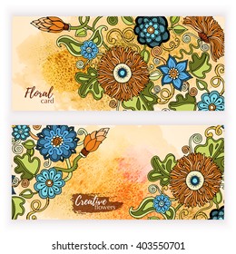 Set of vector template banners with watercolor paint abstract background and doodle hand drawn flowers. Series of image Template frame design for card.