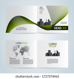 Set of vector template bi fold brochure with city in green color